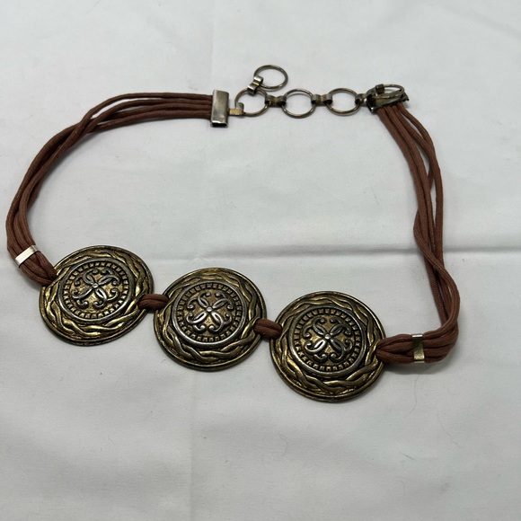 Vtg Medallion Belt Gold Metal Textured Circles tan brown Accents Black Cordi… - Picture 1 of 4